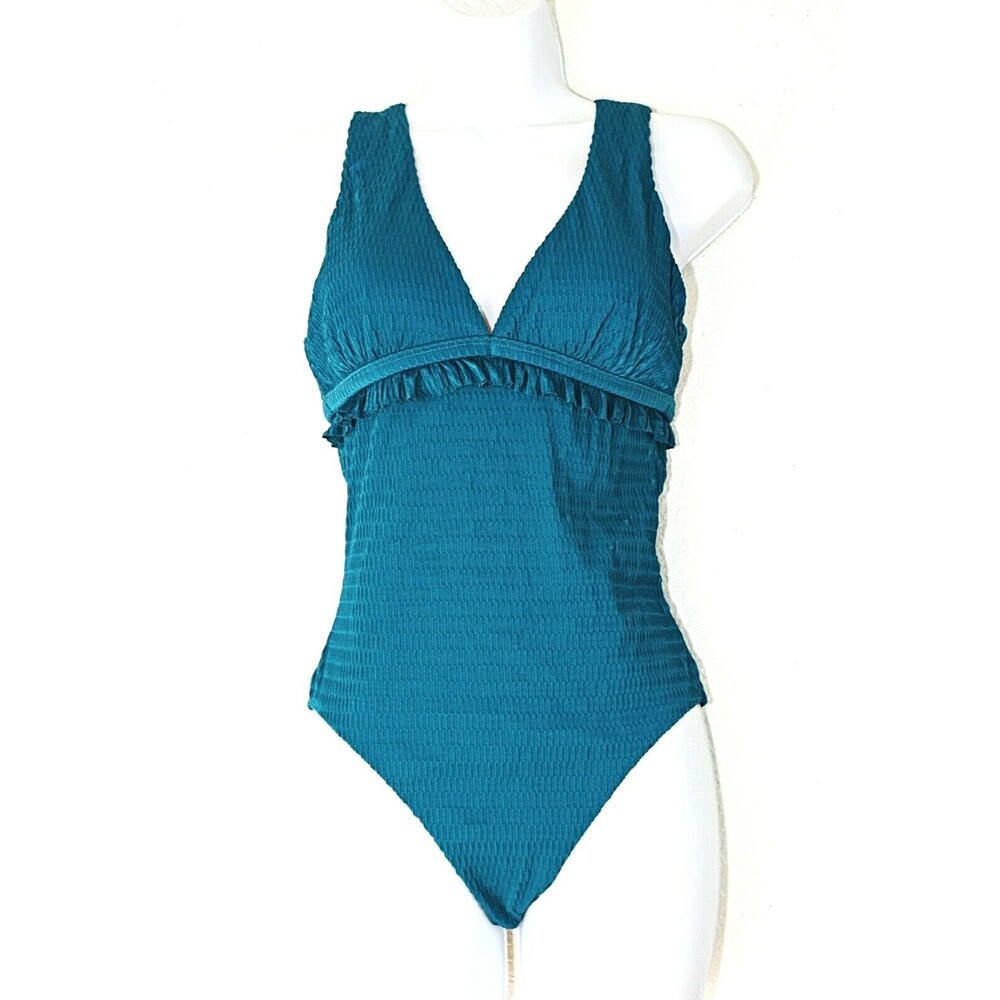 CHELSEA 28 Classic Sz. M Swimsuit 1 Pc Dark Turquoise Textured Ruffle Sexy #02